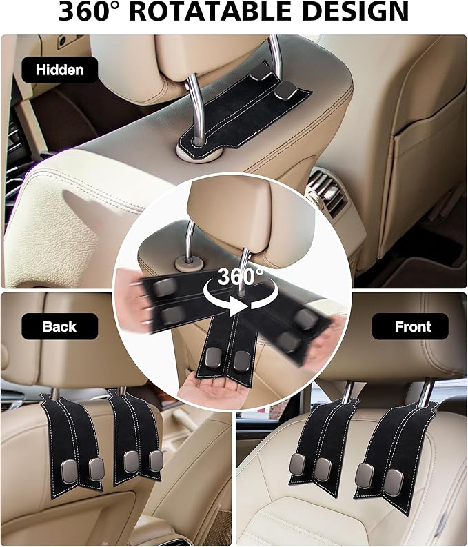 Headrest Hooks for Car, 4 Pack Purse Hook for Car 100% Metal & Premium Leather 2025 Latest, Auto Organization Accessories for Bags, Purses, Phones etc (Black)