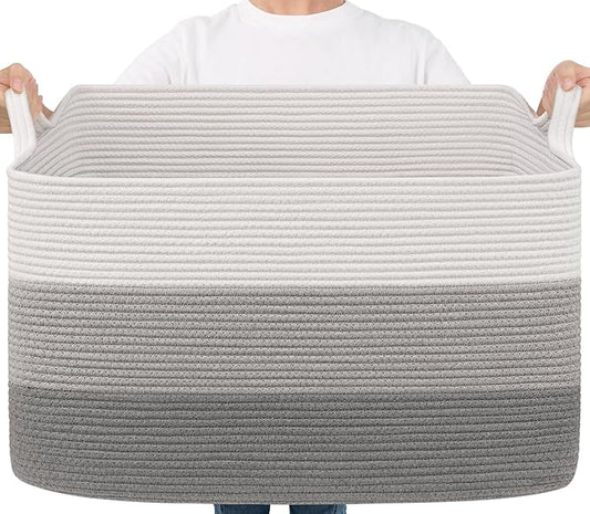 Goodpick 85L Large Woven Basket 23.6" x 15.7" x 13.8" Cotton Rope Storage Baskets for Organizing, Decorative Blanket Basket for Living Room Bedroom, Toy Baskets Storage Kids, Gray