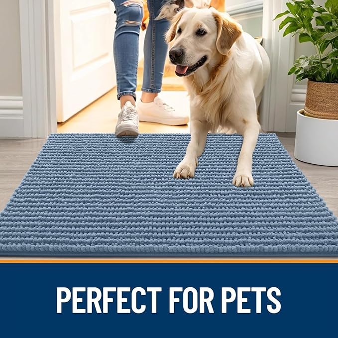 OLANLY Dog Door Mat for Muddy Paws 59x35, Ultra Absorbent Chenille Mud Doormat, Non-Slip Washable and Dirt Trapping Doormat for Indoor Entryway, Quick-Dry Indoor Pet Bed Mats for Dogs, Airy Blue