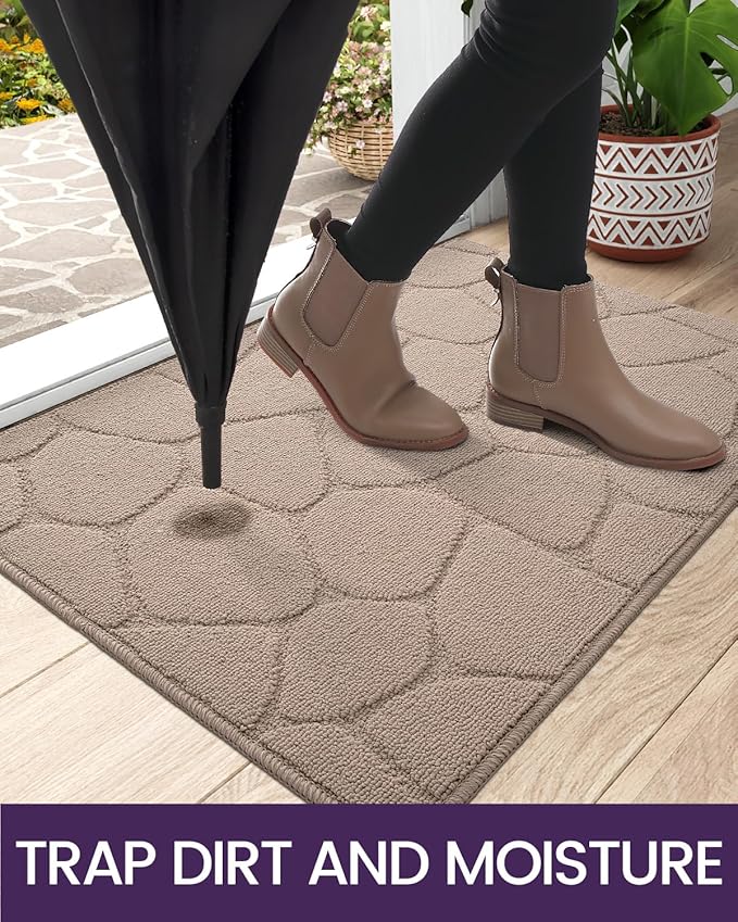 DEXI Front Door Entryway Mat Non Slip, 2x3 ft Washable Inside Entrance for House Floor Low Profile, Thin Entry Doormat Absorbent Dirt Trapper, Pebble Beige