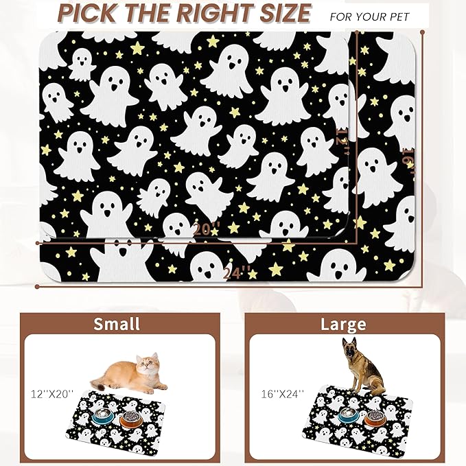 Halloween Pet Feeding Mat,Ghosts Absorbent Quick-Dry Cat Dog Food and Water Bowl Mats,Non-Slip Rubber Backing Mat,Cat Dog Accessories Supplies 12"x20"