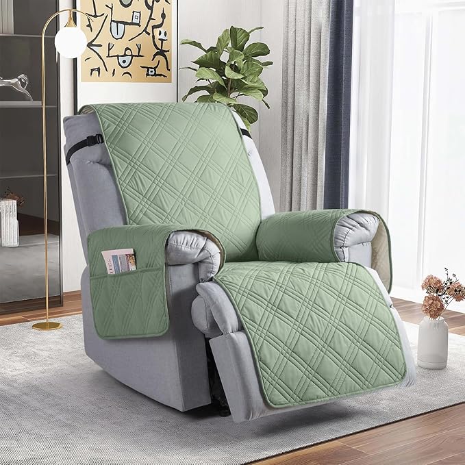 TAOCOCO 100% Waterproof Recliner Chair Covers, Non Slip Recliner Covers for Recliner Chair with Pocket, Washable Reclining Chair Cover Furniture Protector for Kids,Dogs(22'', Sage Green)