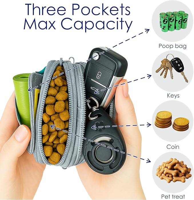 Raisingwell Dog Treat Pouch for Pet Walking and Training with Clicker Poop Bags and Three Bags Design Small Fanny Zipper Pack Holder for Puppy Snack Dispenser Kit for Leash and Outdoor Use (Green)