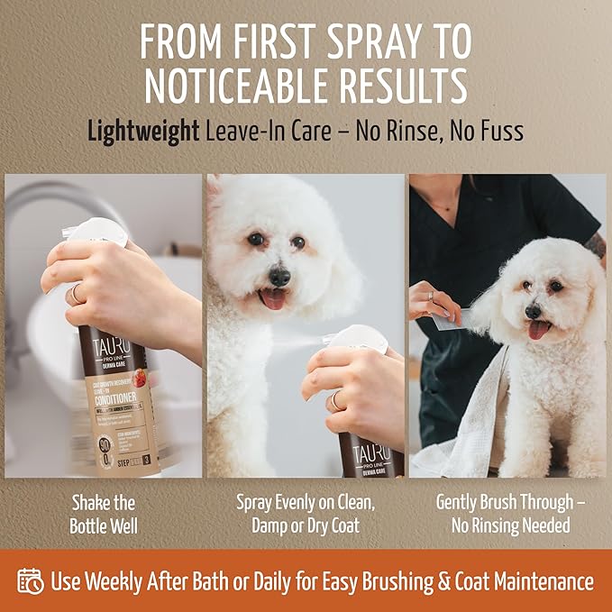 Tauro Pro Line Dog Leave in Conditioner Spray - Supports Pet Coat Regrowth - Cat & Dog Detangler Spray for Shedding, Matted Hair or Post-Surgery Care, Ideal for Doodle, Poodle (Derma Care 8.5 Fl Oz)