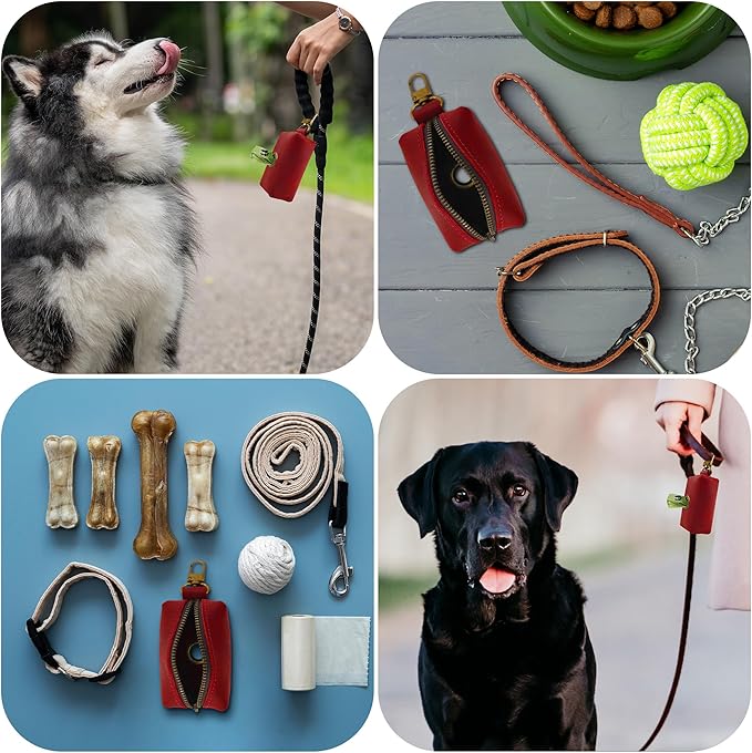 HIFA Genuine Leather Dog Waste Holder - Soft Touch Rustic Leather, Metal Clips and Easy Access to Pet Waste Bags - Dog Poop Bag Dispenser for Outdoor Walking