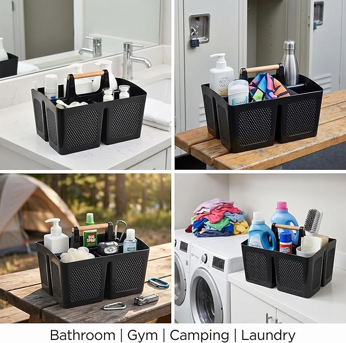 Haundry Plastic Shower Caddy with Wooden Handle, Portable 3-Compartment Bathroom Organizer Basket with Drainage Holes, Quick Dry Shower Basket for Dorm, College, Cleaning Supplies