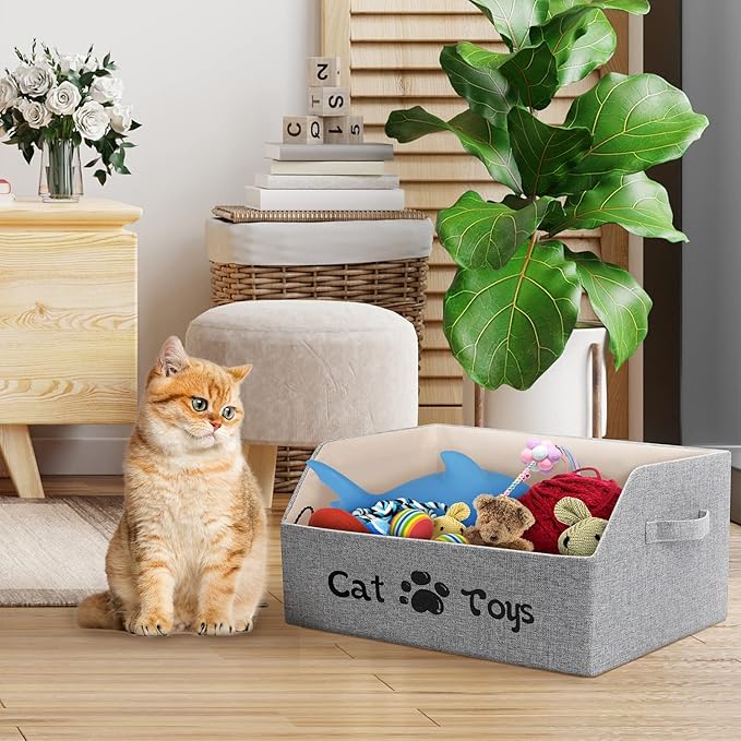 LOVSTORAGE 2X Thicker Large Cat Toy Bin Collapsible Cat Toy Box Sturdy Cat Toy Basket Kitten Toy Storage Bed for Organizing Cat Toys Treats Clothes and Accessories (Grey)