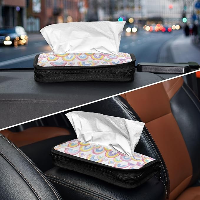 Car Tissue Holder Car Napkin Holder Car Tissue Box Dispenser Storage Case Sun Visor Mask Holder with Adjustable Straps Reusable Refillable Gradient Cute Rainbows