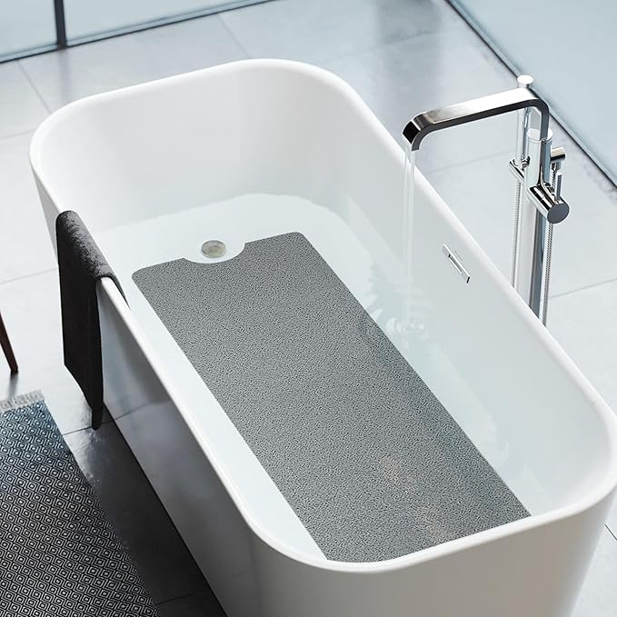 HITSLAM Non Slip Bathtub Mat 40 x 16 Inch, Extra Long Bath Mat for Tub, Soft PVC Loofah Shower Floor Mat with Drain, Quick Drying Bathroom Tub Mat for Wet Area, Without Suction Cup, Grey