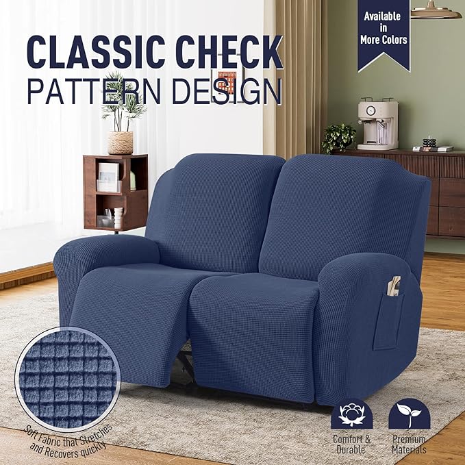 TAOCOCO Recliner Loveseat Slipcover, 6 Pieces Dual Recliner Sofa Covers for 2 Seat Dual Reclining Loveseat Couch, Stretch Soft Jacquard Pattern Furniture Protector with Elasticity (Navy Blue)