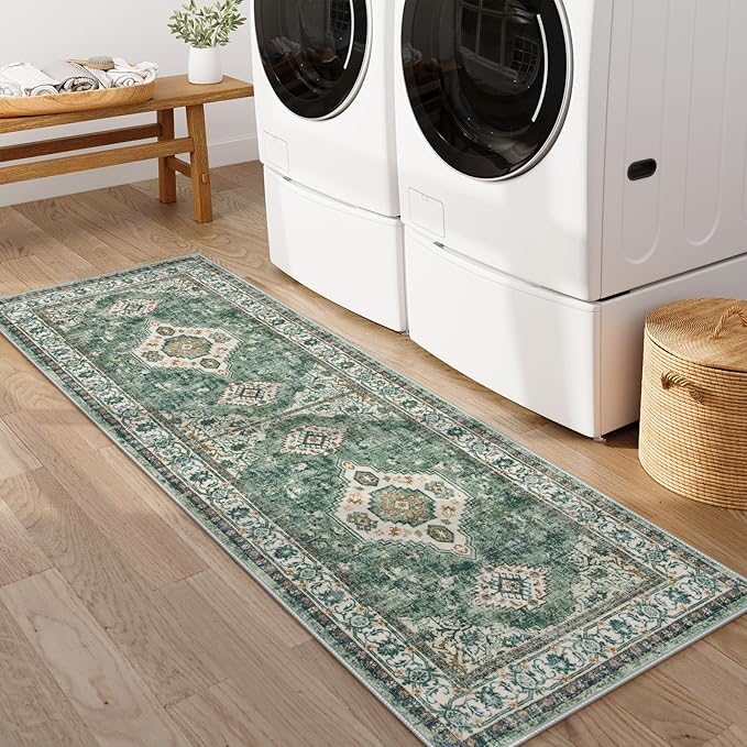 Lahome Oriental Washable Hallway Runner Rug, 2x6 Runners for Hallways Non Slip Ultra-Thin, Vintage Soft Long Carpet for Kitchen Bathroom Bedroom Laundry Room Eleanor, Green/Multi