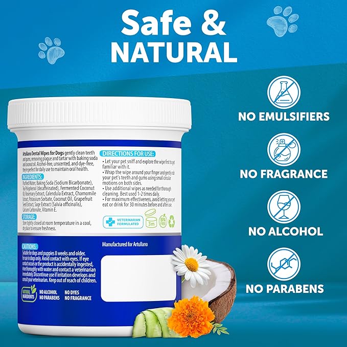 Dog Teeth Cleaning Wipes - 50 Dog Dental Care Finger Wipes - Finger Toothbrush for Removing Plaque, Tartar Buildup, Bad Breath - Oral Freshness, Healthy Teeth & Gum Support with Coconut Oil, Unscented