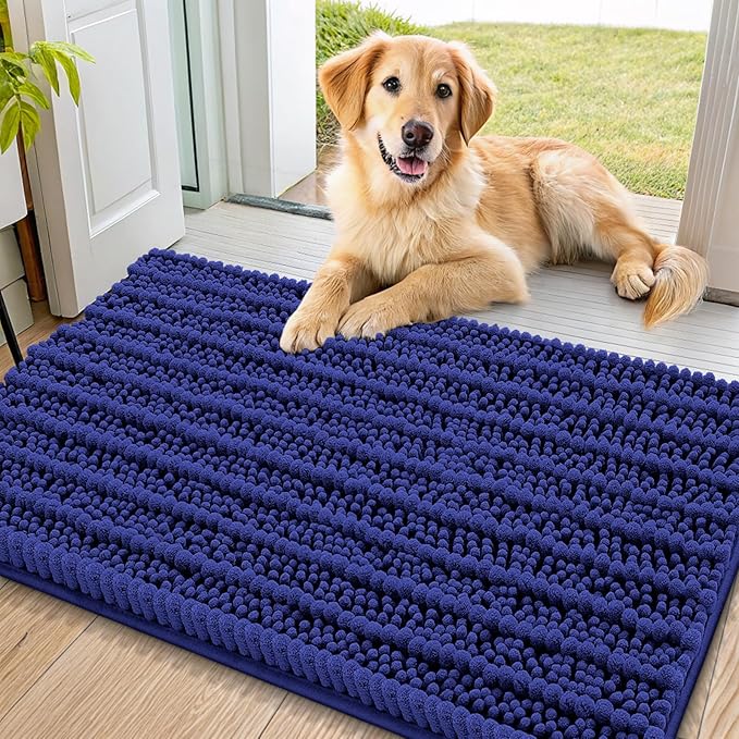 Smiry Dog Door Mat for Muddy Paws 36x24, Extra Soft Absorbent Chenille Doormat, Trap Moisture and Dirt, Non-Slip Machine Washable Front Door Mat for Indoor Entrance Inside Floor, Navy Blue