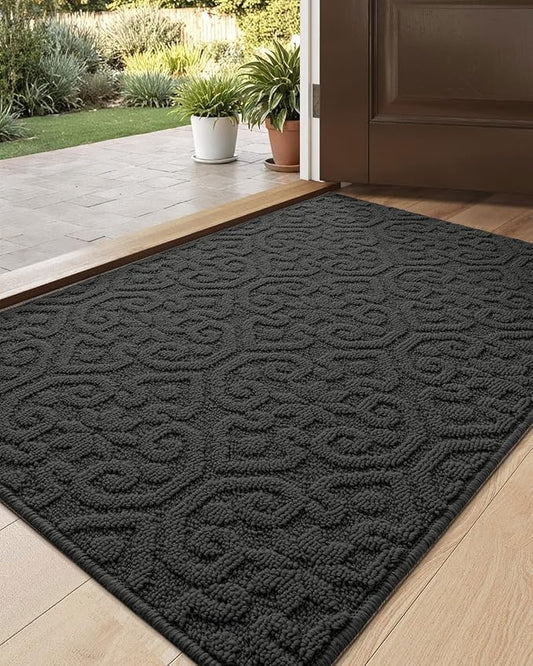 DEXI Front Door Entryway Mat Non Slip, 2x3 ft Washable Inside Entrance for House Floor Low Profile, Thin Entry Doormat Absorbent Dirt Trapper, Dark Grey
