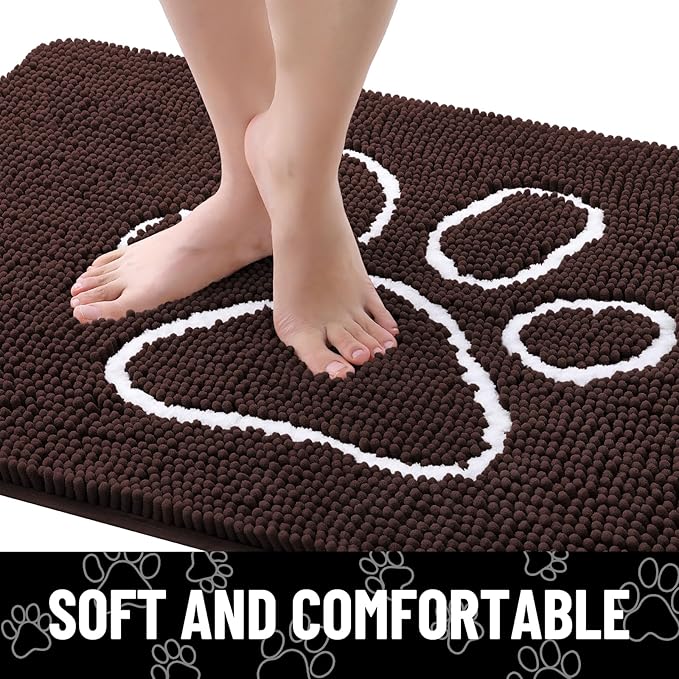 Smiry Dog Door Mat for Muddy Paws, Absorbent Dirt Trapper Non Slip Quick Dry Washable Chenille Mat for Mud Dogs, Entry Rug for Indoor and Outdoor (45x27 Inches, Brown and White)