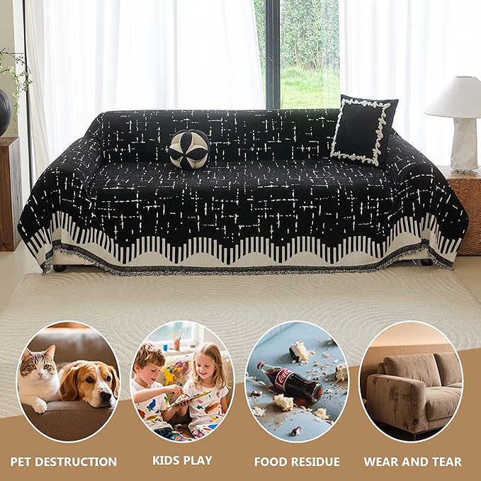 Couch Cover for 3 Cushion Sofa Pet Friendly Furniture Covers, Chenille Sofa Covers Washable L Shape, Boho Couch Blanket Cover with Tassel Decoration, 71"x 134", Black