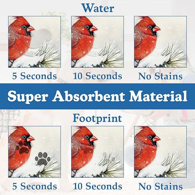 Cardinal Bird Dog Food Mat–Chirstmas Snow Absorbent Quick Dry Feeding Placemat for Food and Water Bowls, Non Slip Rubber Backing, Waterproof Pet Supplies for Mess-Free Eating 16"x24"