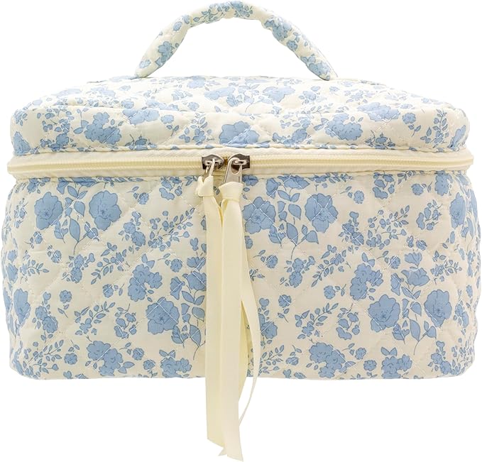 PAZIMIIK Cotton Makeup Bag for Women Large Quilted Travel Cosmetic Case Girls' Make Up Organizer,Little Flower Blue