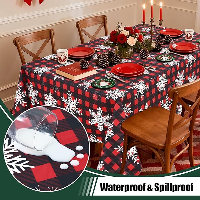 misaya Rectangle Waterproof Vinyl Table Cloth, Wipeable Tablecloth with Flannel Backing, Plastic Table Cover for Dinner, Christmas Party (Red & Black, 60" x 84")
