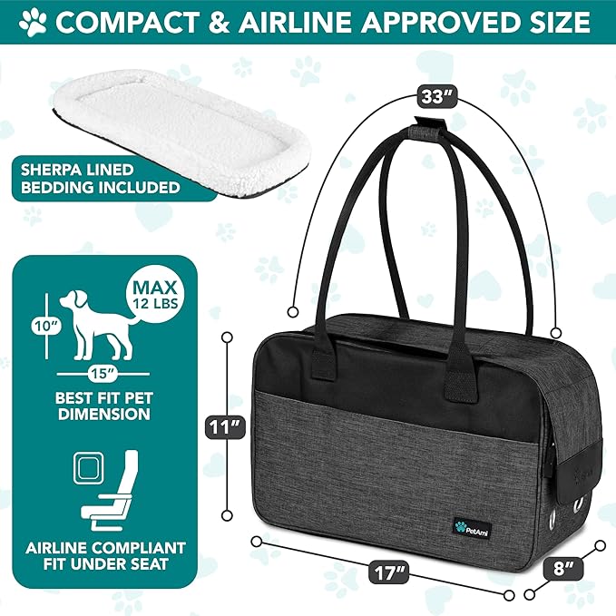 PetAmi Dog Purse Carrier for Small Dogs, Airline Approved Soft Sided Pet Carrier with Pockets, Ventilated Dog Carrying Bag for Puppy Cat, Dog Travel Supplies Bag, Sherpa Bed, Max 12 lbs, Dark Gray