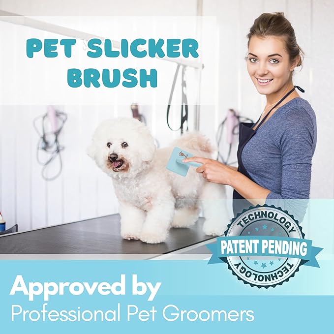 Pet Slicker Brush With Soft Massage Grooming Stainless Steel Pins - For Dematting, Shedding Fur, and Undercoat - Ideal Gift for Professional Pet Groomers - Long Slicker Brush (Blue, Curved Small)