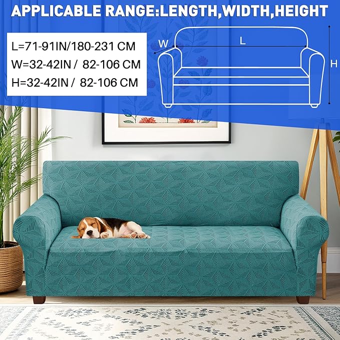 YEMYHOM 1 Piece Stretch Couch Covers for 3 Cushion Couch, Jacquard Sofa Cover with Non-Slip Elastic Bottom, Thickened Slipcover Furniture Protector for Dogs Pets (Large, Peacock Blue）