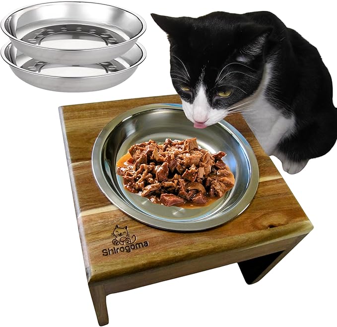 Raised Cat Bowls, 6.25 in Wide, 6" Elevated Cat Feeding Stand (with 2 Stainless Steel Bowls: 12 oz/1.5 Cup), Small Dogs, Rabbits, Anti-Vomit, Whisker Friendly, 6 x 8 x 8 in, Acacia Wood