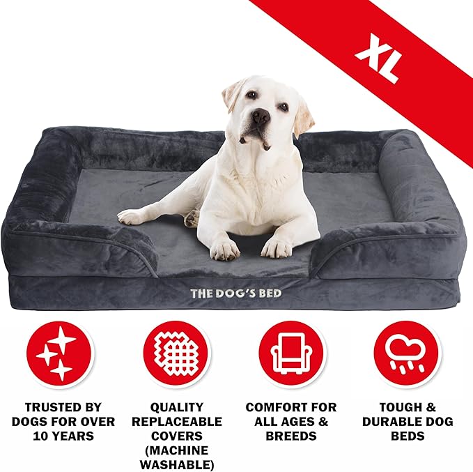 The Dog’s Bed, Orthopedic Standard Foam Waterproof Dog Bed with Standard Support, XL Grey Plush, Waterproof, Supportive Dog Bed with Replaceable Covers