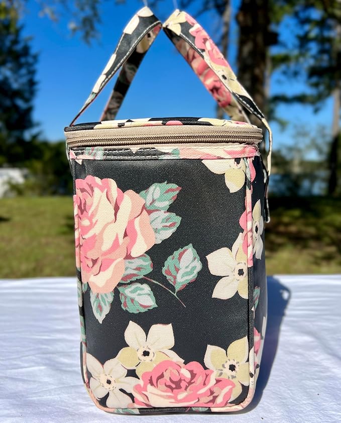 Kwang Min Floral Insulated Lunch Bag for Women,Reusable Lunch Box,Large Cooler for Office,Picnic Outdoors,Premium Waterproof Fabric,Ideal Floral Lunch Bag (Begonia Navy)