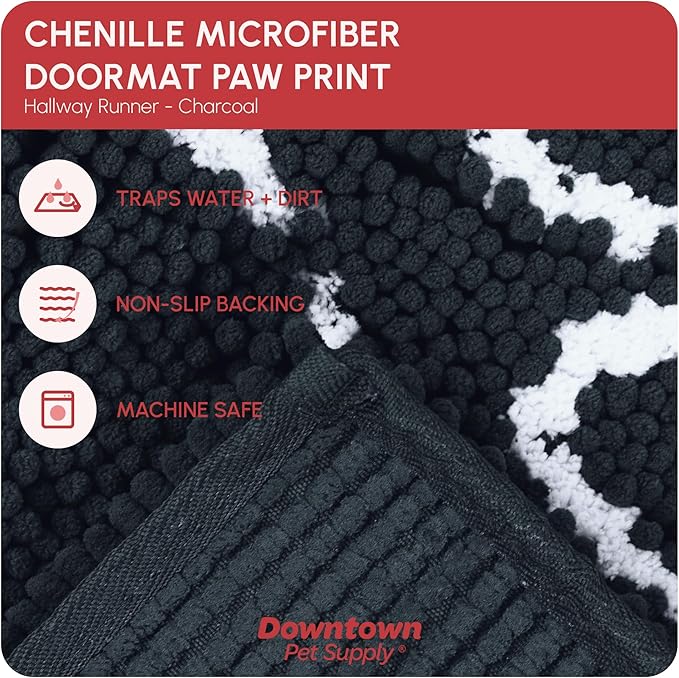My Doggy Place Microfiber Dog Mat for Muddy Paws, 8' x 2' Charcoal with Paw Print - Non-Slip, Absorbent and Quick-Drying Dog Paw Cleaning Mat, Washer and Dryer Safe - Hallway Runner