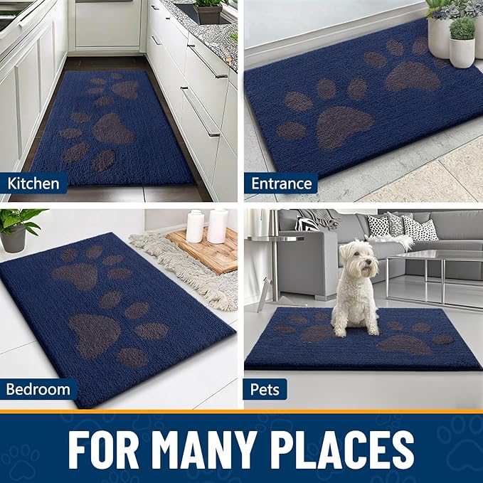 Smiry Dog Door Mat for Muddy Paws, Absorbs Moisture and Dirt, Low-Profile Entryway Mat with Non-Slip Backing, Entry Indoor Outdoor Doormat for Inside Floor (30x20 Inches, Navy Blue, Paw)