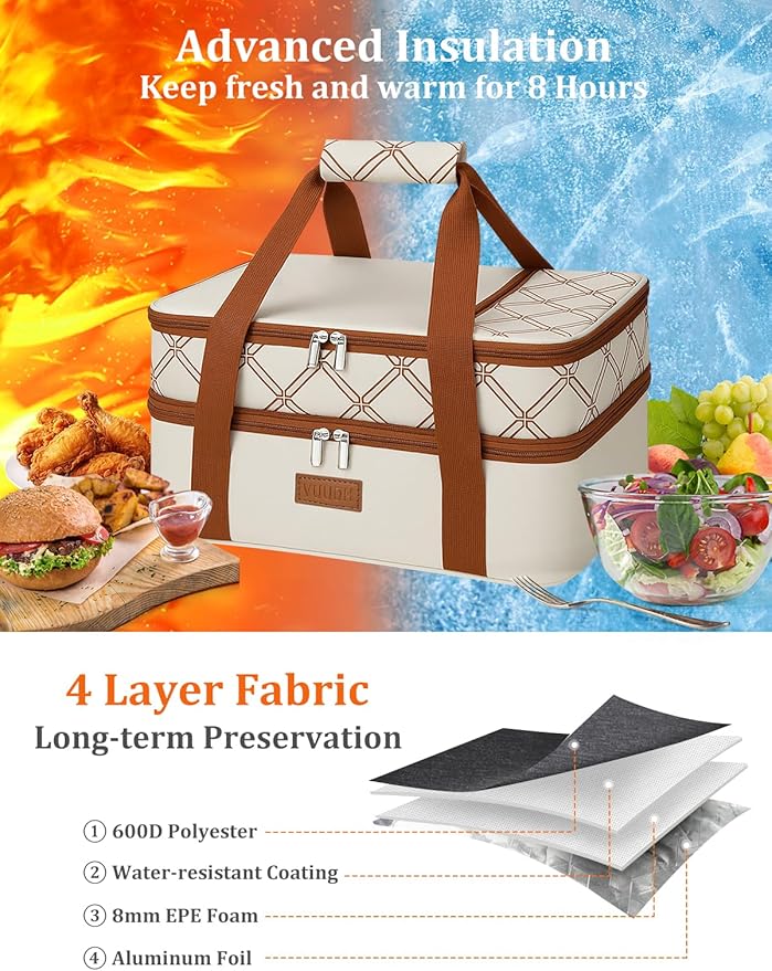 Vuudh Expandable Casserole Carrier Bag, Double Deckered Insulated Food Bag for 2 Dishes, Hot Cold Lasagna Holder Tote for Picnic, Potluck, Travel