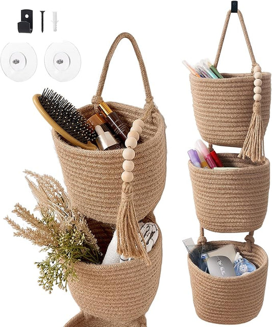 Fabric Wall Hanging Organizers - Small Woven Baskets Pouches Set Boho Style Wall Mounted Bag with Adhesive Hook, Storage Decoration Pocket Caddy for Closet Playroom RV Nursery (Linen & Black)