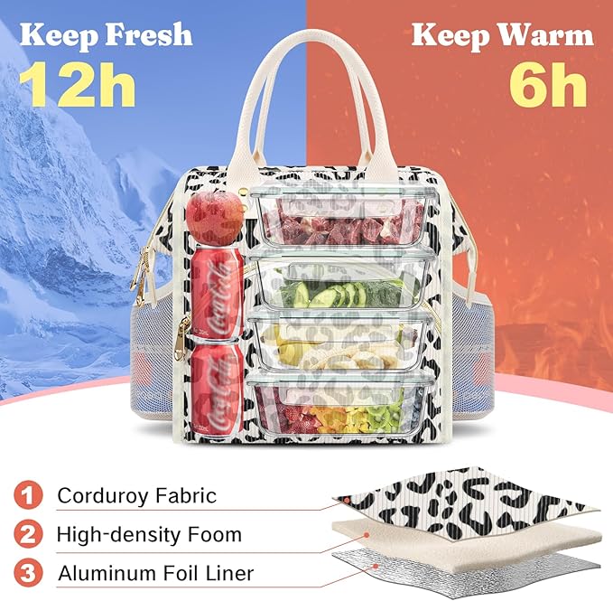 Lunch Bag Women Insulated Lunch Box Wide-Open Lunch Tote Bag Large Drinks Holder Durable Nylon Thermal Snacks Organizer for Men Adults Work Picnic Hiking Beach Fishing, Strawberry Corduroy