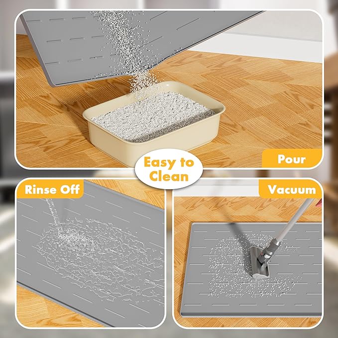 Pieviev Silicone Cat Litter Trapping Mat, 40''x28'' Extra Large Cat Litter Mat, Easy to Clean & Soft on Kitty Paws, Waterproof Kitty Litter Pads for Indoor Cats, Light Gray