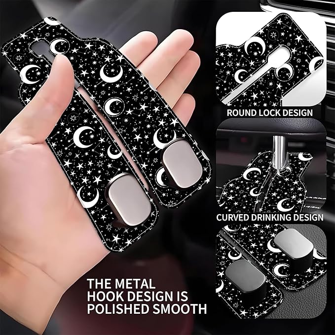 AEWNUNK 1 Pack Car Seat Headrest Hooks for Purses and Bags White Stars and Moons Bag Purse Holder for Car with Double Metal Hooks Car Purse Hanger Hanging Accessories