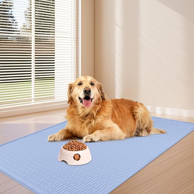 Bartuke Dog Food Mat, Extra Large 34" x 22" Silicone Pet Feeding Mat with Raised Edge Pet Placemat for Small, Medium, and Large Pets Non-Slip, Easy to Clean (Blue)