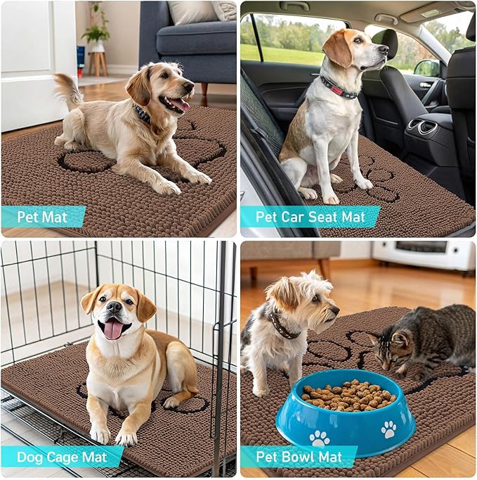 OLANLY Dog Door Mat for Muddy Paws 48x30, Paw Print Design, Absorbs Moisture and Dirt, Absorbent Non-Slip Washable Doormat, Quick Dry Chenille Mud Mat for Dogs, Entry Indoor Entryway Carpet, Mocha