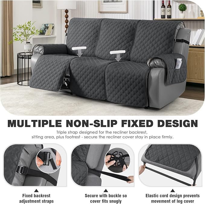 TAOCOCO 100% Waterproof Recliner Couch Covers, Recliner Sofa Covers with Leg Straps, 1-Piece Washable Reclining Sofa Cover with Pocket Couch Protector for Pets Kids(3 Seater, Charcoal Gray)