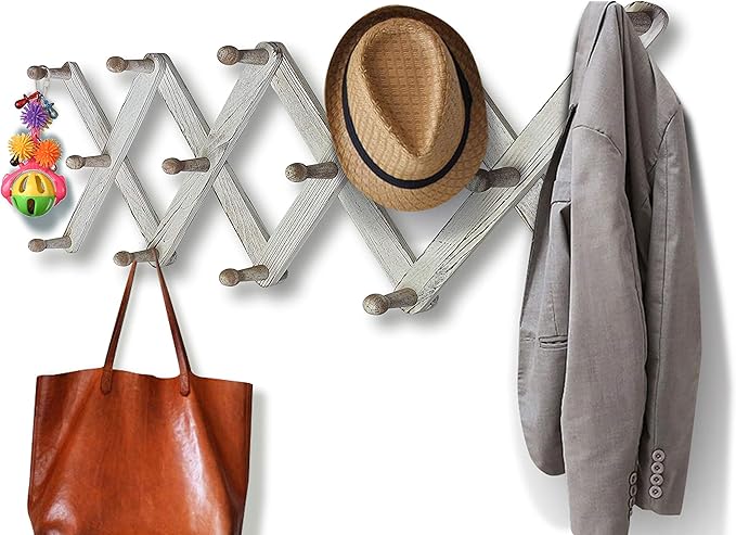 Mercurial Trade Expandable Wooden Coat Rack Hanger – Accordion Wall Mounted Pine Wood Hooks – Hand Made Vintage Expending Pegs – Hang Coat, Jacket, Hat, Leash, Towel, Mug, Bag – Distressed White