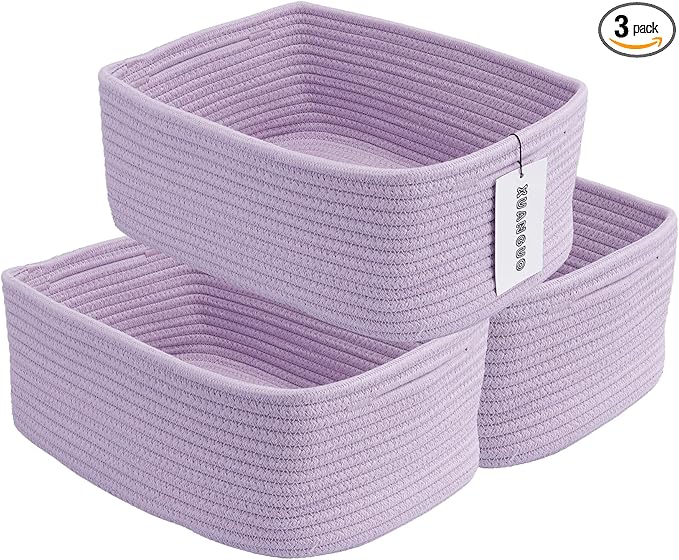 XUANGUO Small Woven Storage Baskets 13“X9”X5“ Decorative Rope Bins for Organizing Shelves, Closets, and Toys, Empty Gift Baskets, Cute Organizer Basket for Home and Office (purple, Large)
