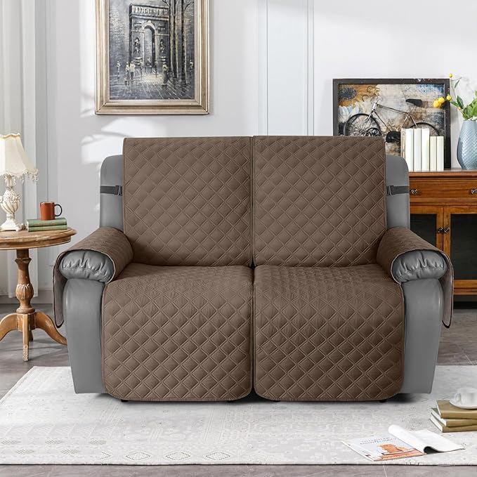 TAOCOCO 100% Waterproof Recliner Couch Covers, Recliner Sofa Covers with Leg Straps, 1-Piece Washable Reclining Sofa Cover with Pocket Couch Protector for Pets Kids(2 Seater, Brown)