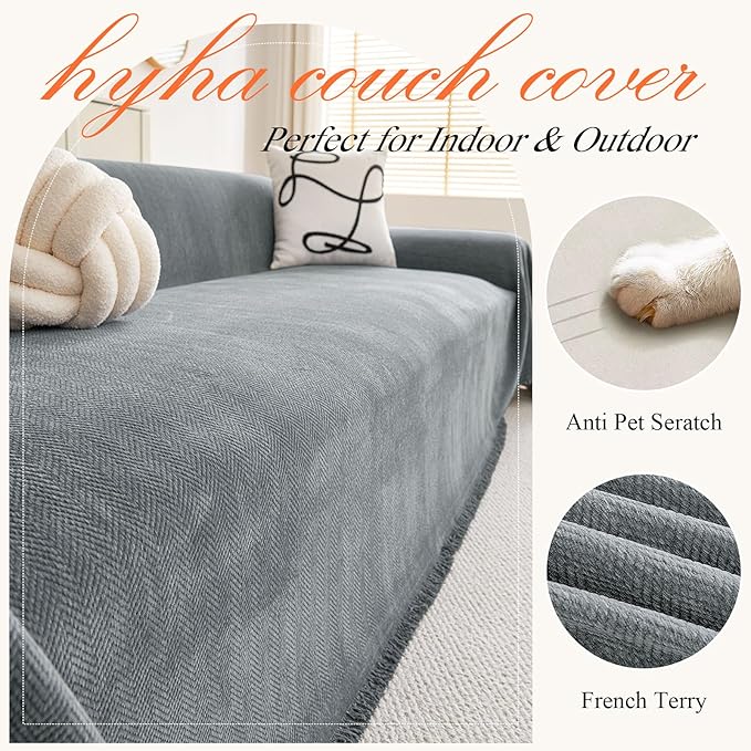 hyha Couch Cover for Dogs, Boho Sofa Covers for 3 Cushion Couch Washable, Chenille Sofa Slipcover for Pets, Soft Loveseat Sectional Couch Throw Blankets with Tassels (Grey, 71x102 Inch)
