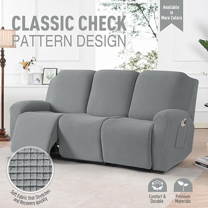 TAOCOCO Recliner Sofa Covers 8-Pieces Stretch Large Couch Covers for 3 Seats Reclining Slipcovers Soft Jacquard Pattern Furniture Protector (Dusty Grey)