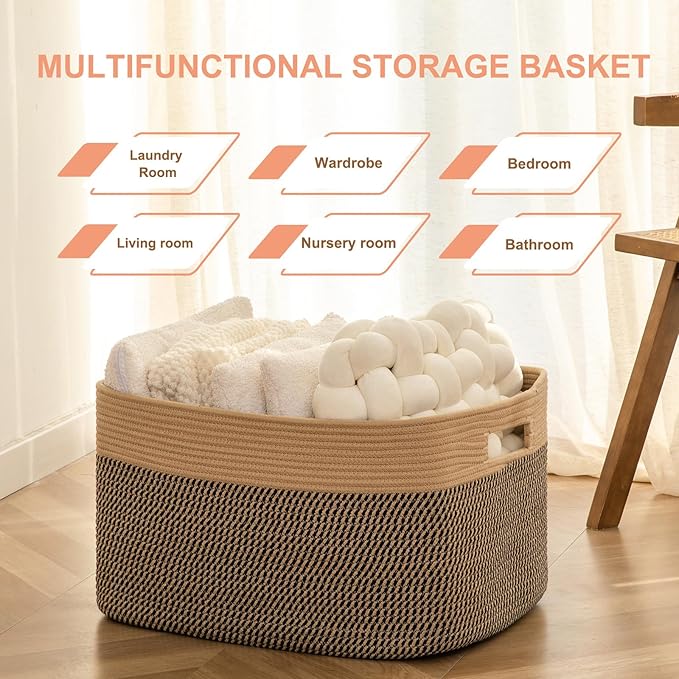 SIXDOVE 75L Large Blanket Basket, Toy Basket Bin for Kids, Cotton Rope Woven Storage Basket for Living Room, Bedroom, Nursery, Baby Room Decorative Organizer, 22''×17''×12'', Brown & Black
