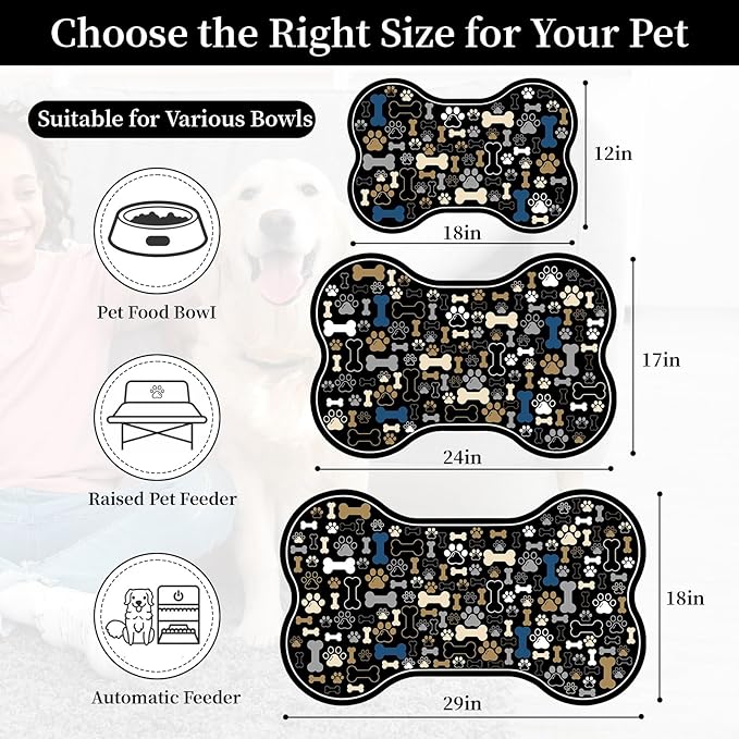 Dog & Cat Food Mat Bone Shaped Pet Feeding Mat Quick Absorb Water Bowl Placemat with Rubber Backing Indoor Floor Stain Resistant Pet Accessory Supplies (Black, 12x24 Inches)