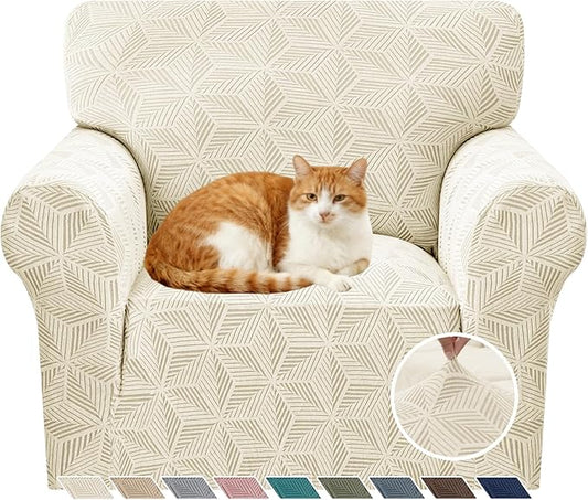 YEMYHOM 1 Piece Stretch Chair Sofa Slipcovers Couch Covers for 1 Seat, Jacquard Armchair Covers with Non-Slip Elastic Bottom, Thickened Furniture Protector for Dogs Pets kids (Small, Beige）