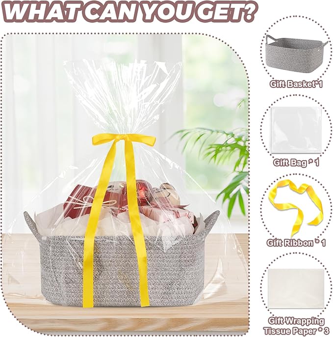 OIASKET Basket for Gifts Empty, Woven Storage Basket with Gift Bag, Ribbon and Wrap Tissue Paper, Small Rope Toy Storage with Handles for Baby Shower, Dog Toy Organizer, 13.6" x 10" x 5.9”, Gray