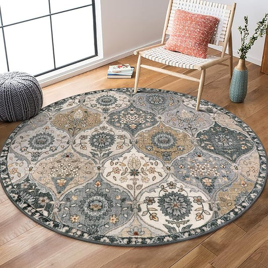 Lahome Moroccan Washable Round Rugs, Soft Vintage Round Rug 4ft, Distress Circle Carpet for Entryway Bathroom Bedroom, Non Slip Low Pile Stain Resistant Accent Rug Elise, Grey