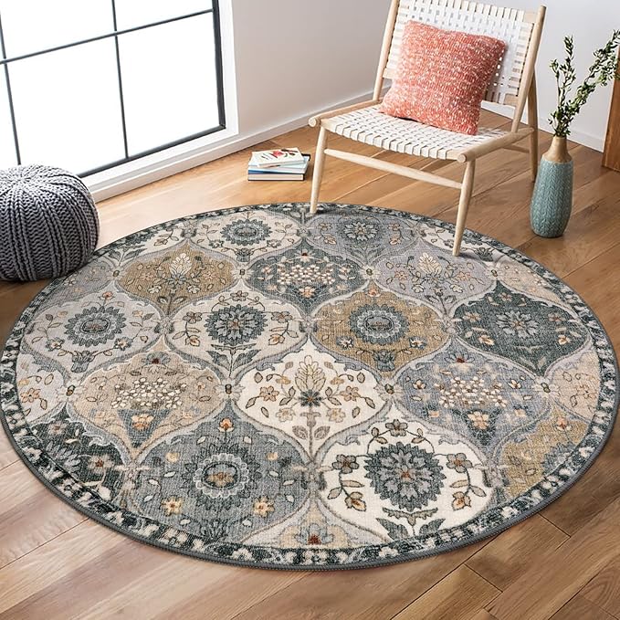 Lahome Moroccan Washable Round Area Rug, Soft Vintage Round Rug 3ft, Distress Circle Carpet for Entryway Bathroom Bedroom, Non Slip Low Pile Stain Resistant Accent Rug Elise, Grey